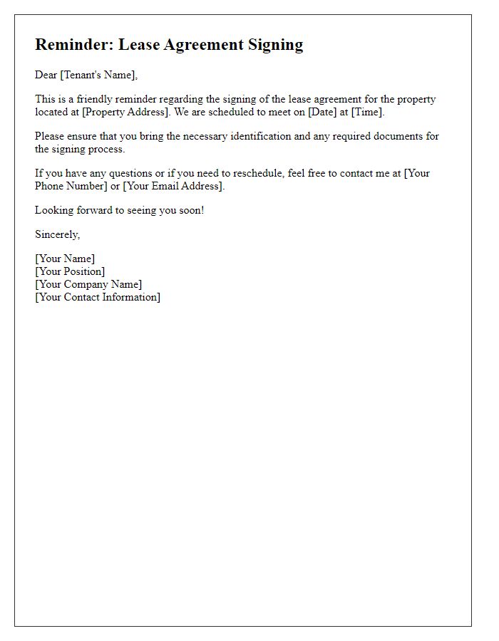 Letter template of reminder for lease agreement signing