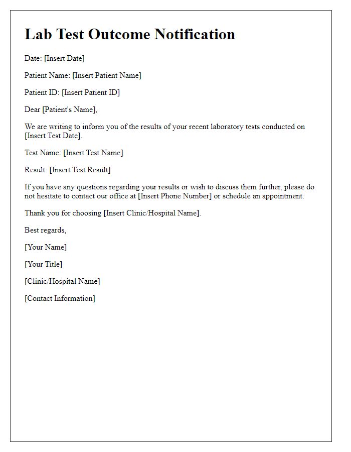 Letter template of notification concerning lab test outcomes