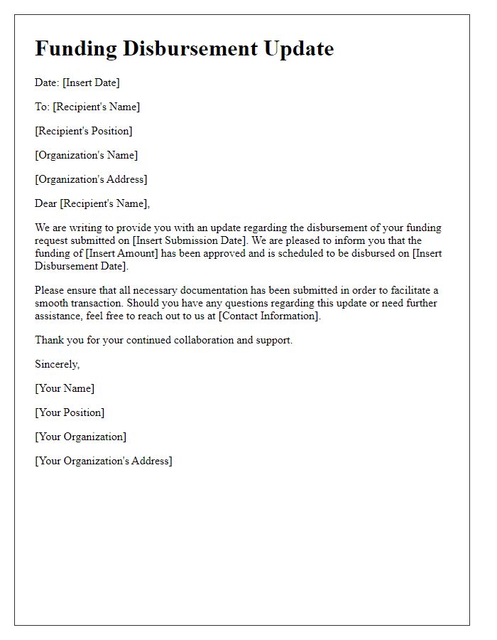 Letter template of funding disbursement update