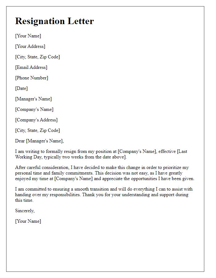 Letter template of resignation aimed at enhancing personal time and family commitments.