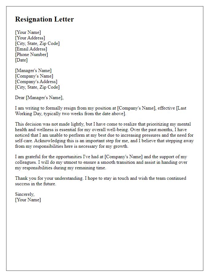 Letter template of resignation citing the importance of mental health and wellness.