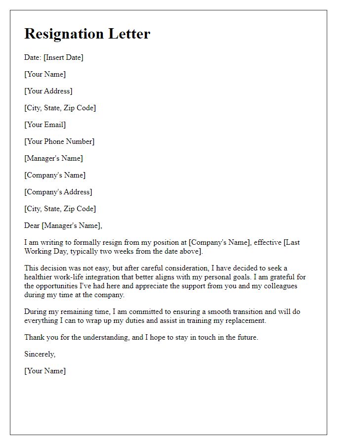 Letter template of resignation for seeking a healthier work-life integration.