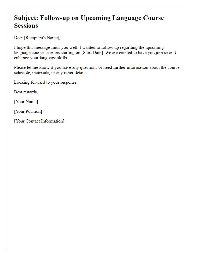 Letter template of follow-up about upcoming language course sessions