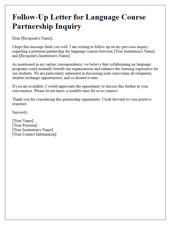 Letter template of follow-up for language course partnership inquiry