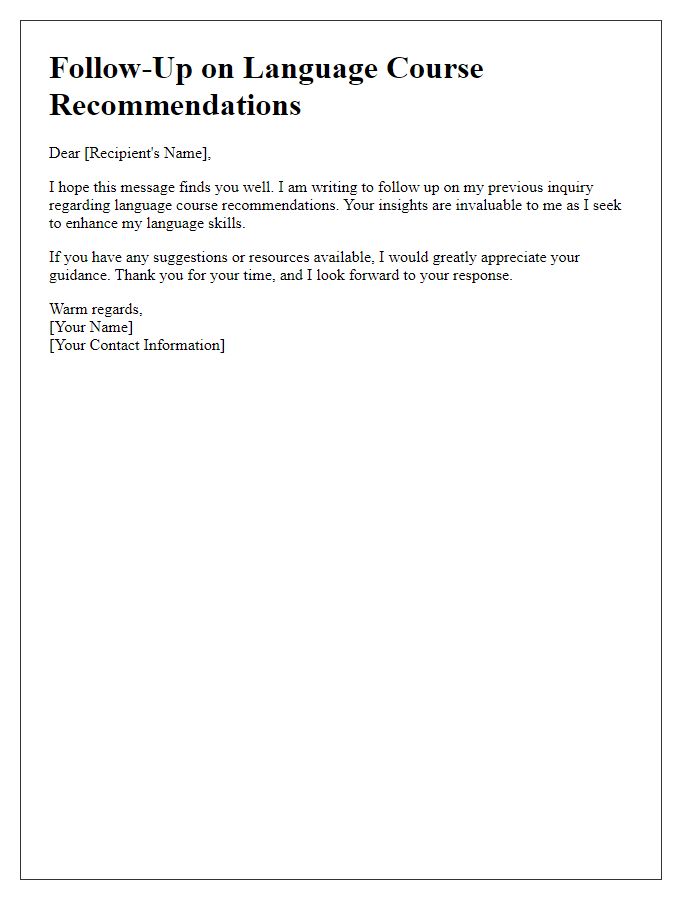 Letter template of follow-up for language course recommendations