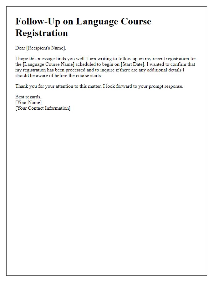 Letter template of follow-up for language course registration confirmation