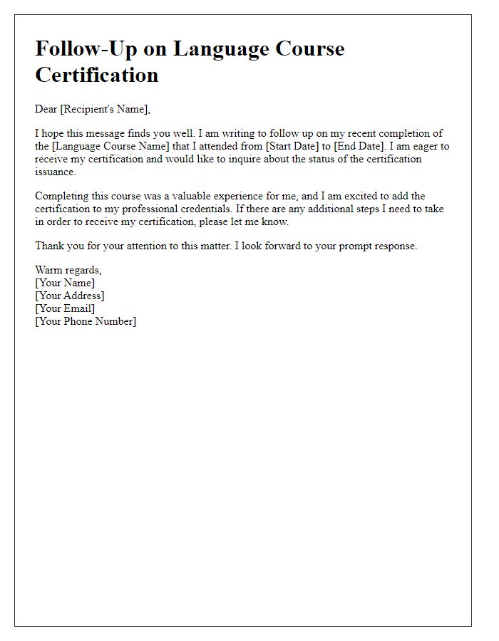 Letter template of follow-up on language course certification