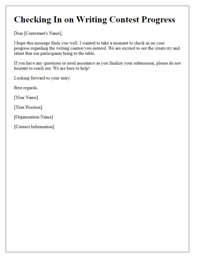 Letter template of checking in on writing contest progress