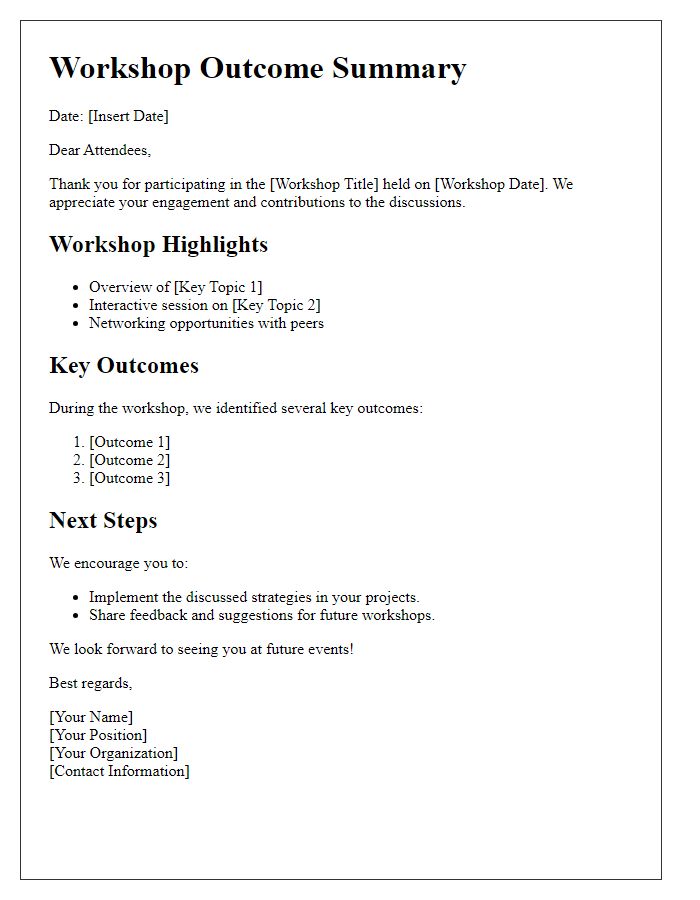 Letter template of workshop outcome summary for attendees