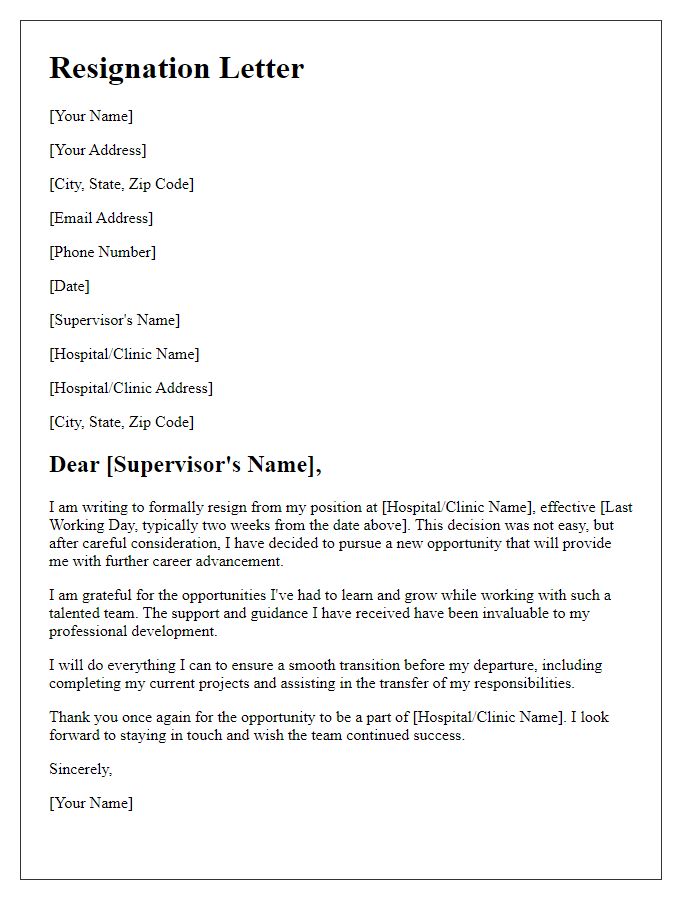 Letter template of resignation from a medical position for career advancement