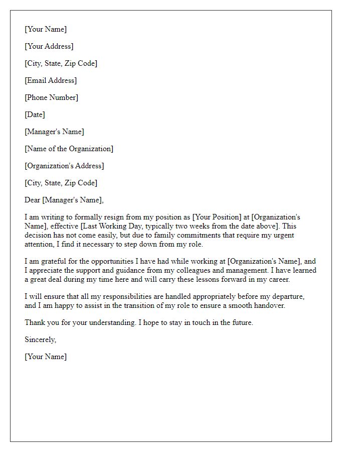 Letter template of resignation from a medical position for family commitments