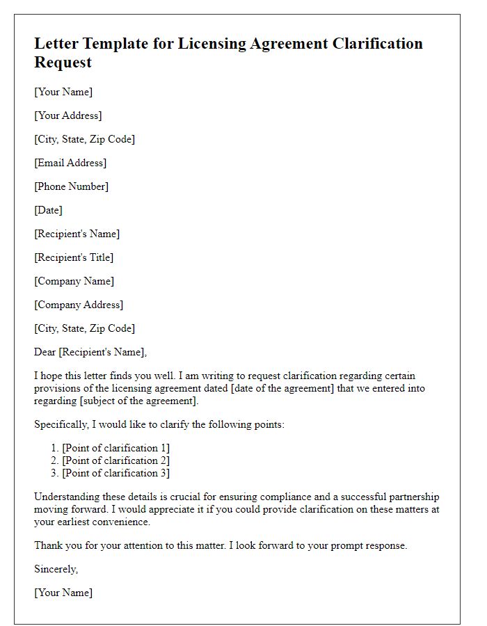 Letter template of licensing agreement clarification request