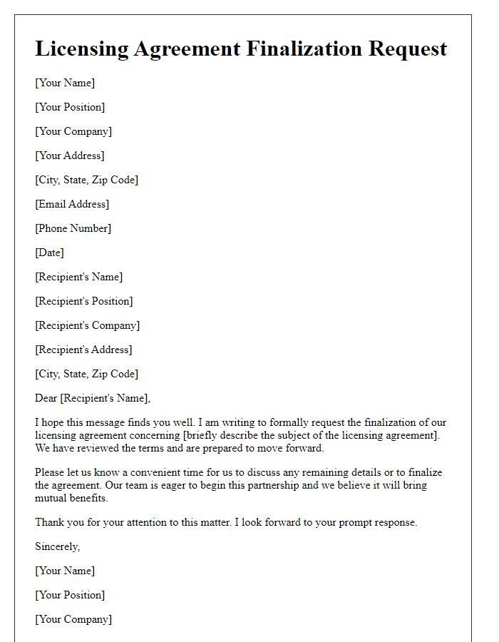 Letter template of licensing agreement finalization request