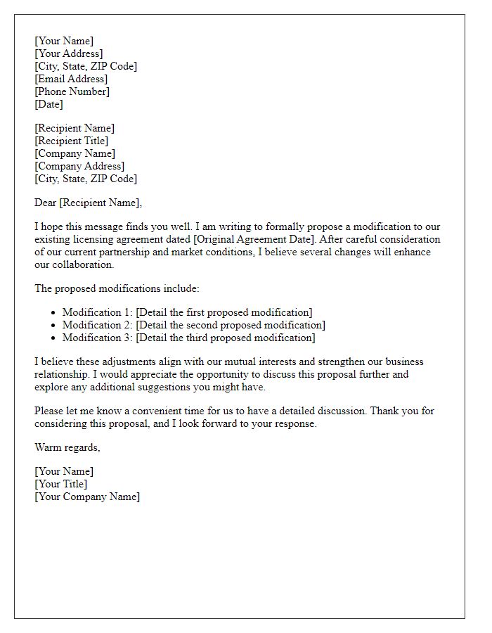 Letter template of licensing agreement modification proposal