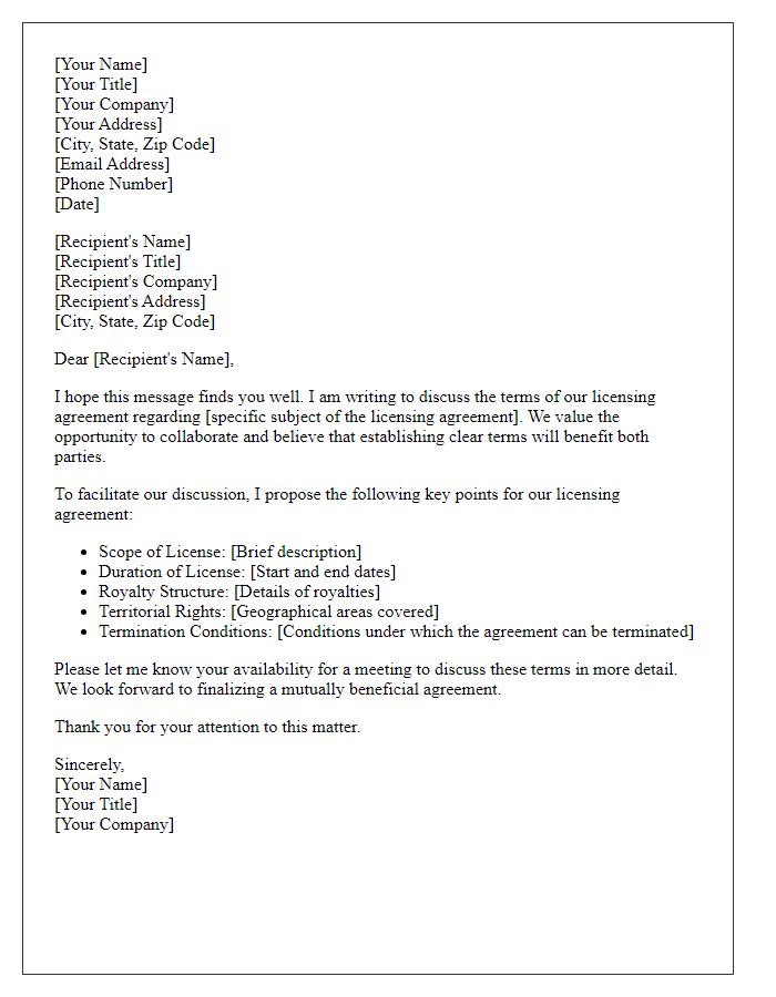 Letter template of licensing agreement terms discussion