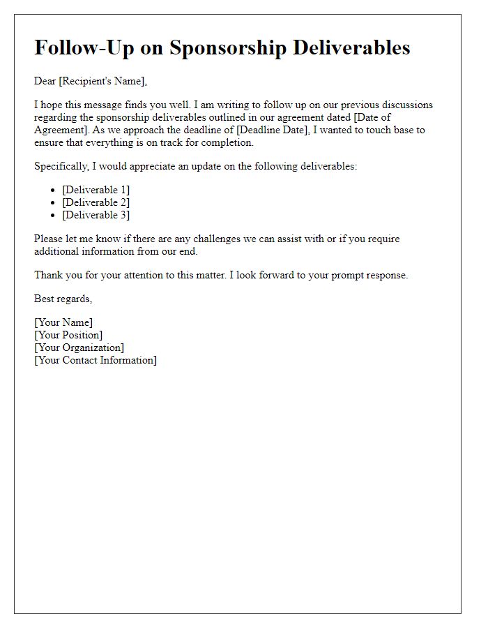 Letter template of follow-up about sponsorship deliverables