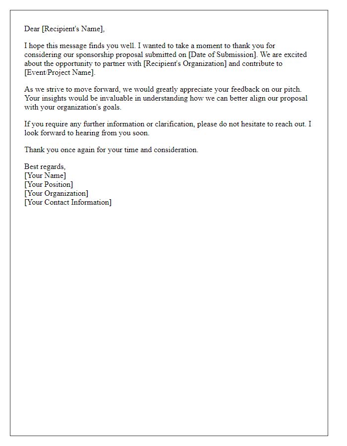 Letter template of follow-up for feedback on sponsorship pitch