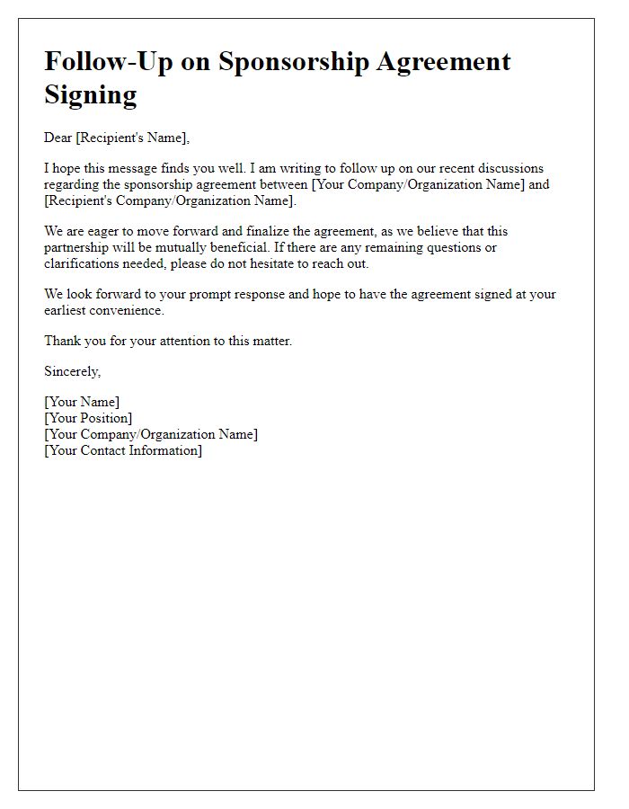 Letter template of follow-up regarding sponsorship agreement signing