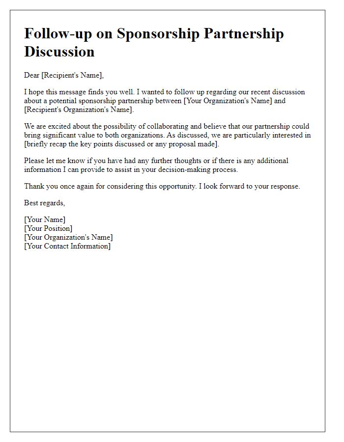 Letter template of follow-up for sponsorship partnership discussion