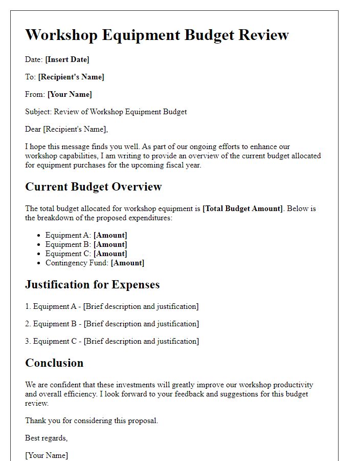 Letter template of workshop equipment budget review