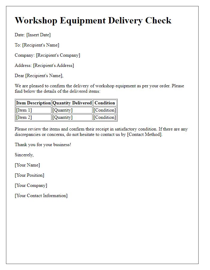 Letter template of workshop equipment delivery check