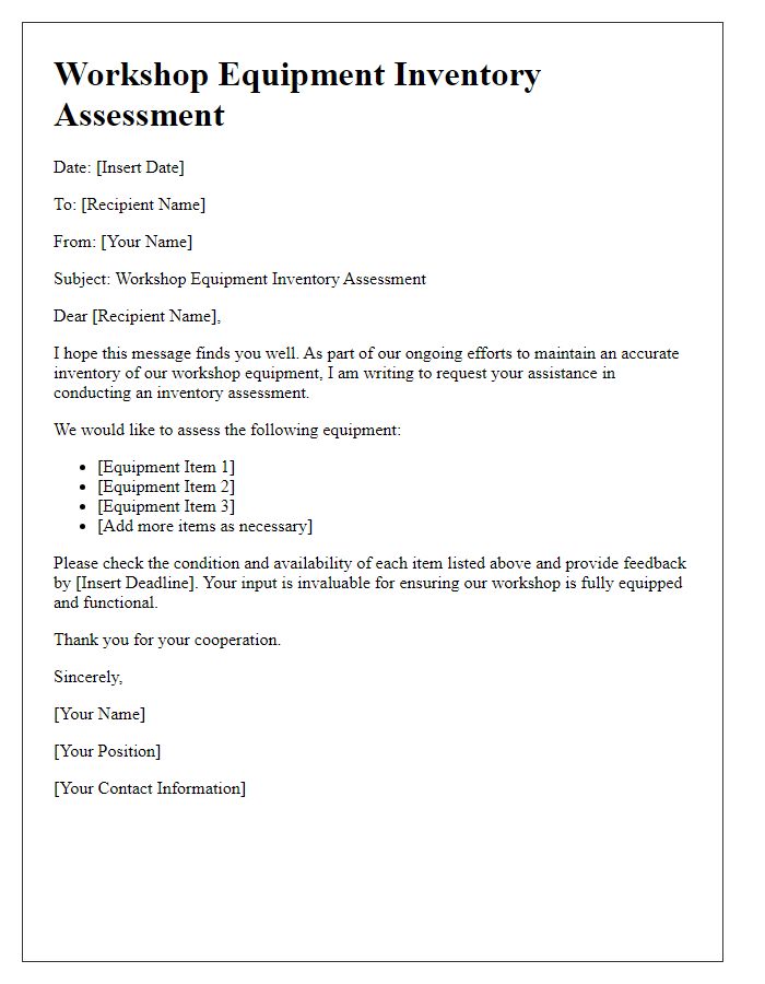 Letter template of workshop equipment inventory assessment