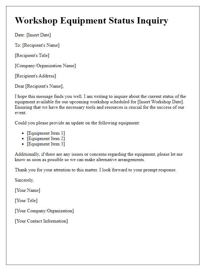 Letter template of workshop equipment status inquiry