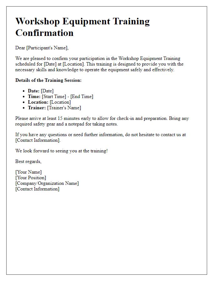 Letter template of workshop equipment training confirmation