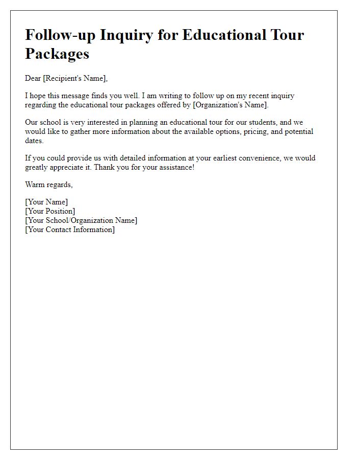 Letter template of follow-up inquiry for educational tour packages