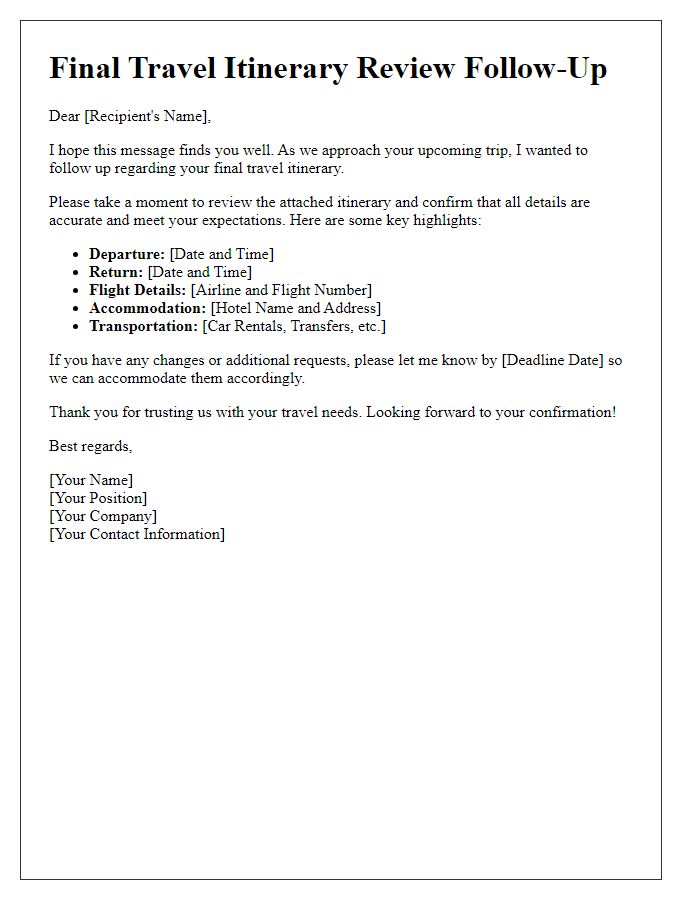 Letter template of final travel itinerary review follow-up