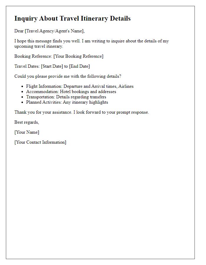 Letter template of inquiry about travel itinerary details