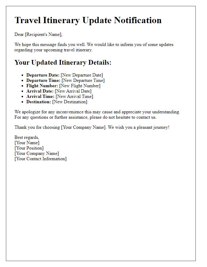 Letter template of notification about travel itinerary updates