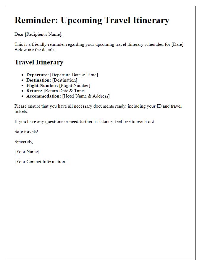 Letter template of reminder for upcoming travel itinerary