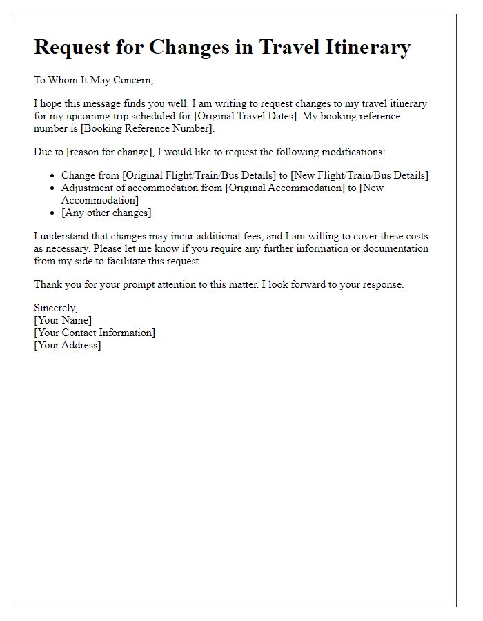 Letter template of request for changes in travel itinerary