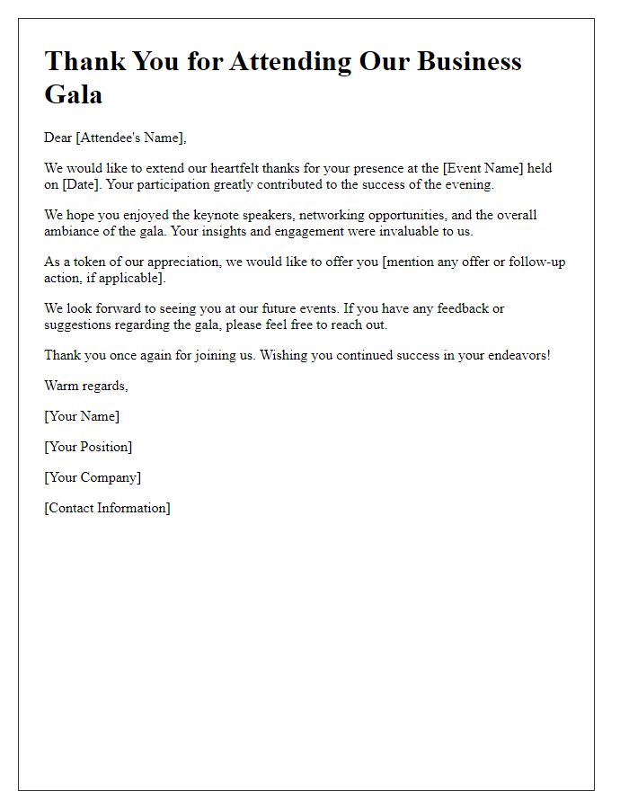 Letter template of business gala follow-up for attendee appreciation