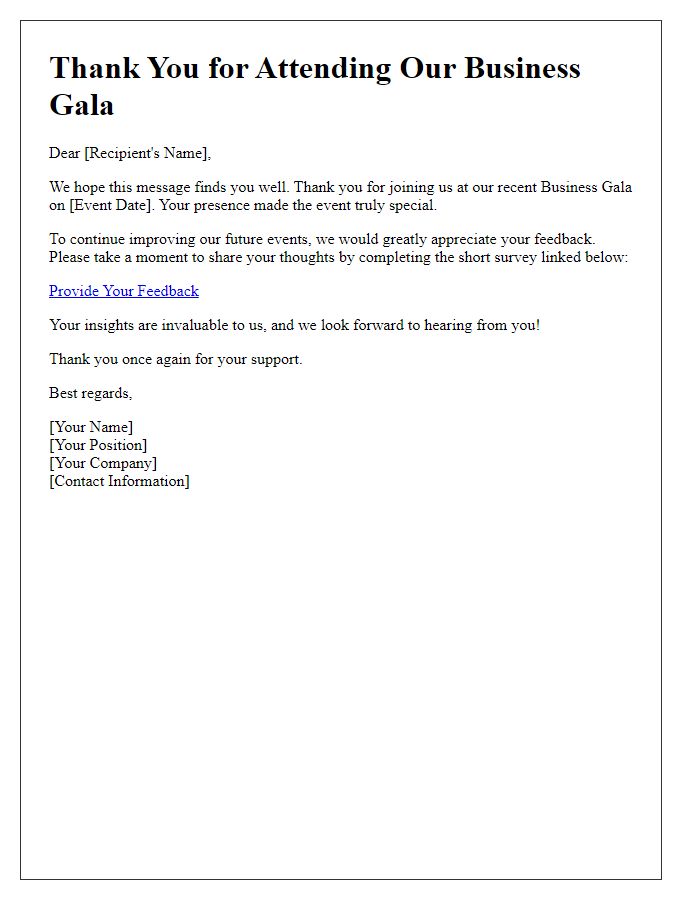 Letter template of business gala follow-up for feedback gathering