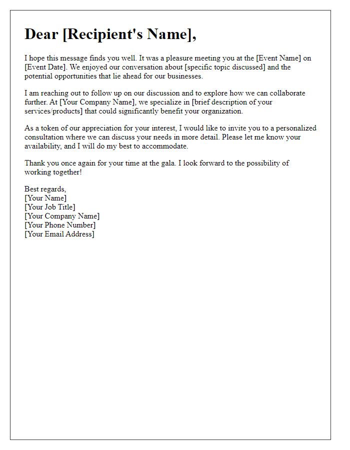 Letter template of business gala follow-up for lead generation