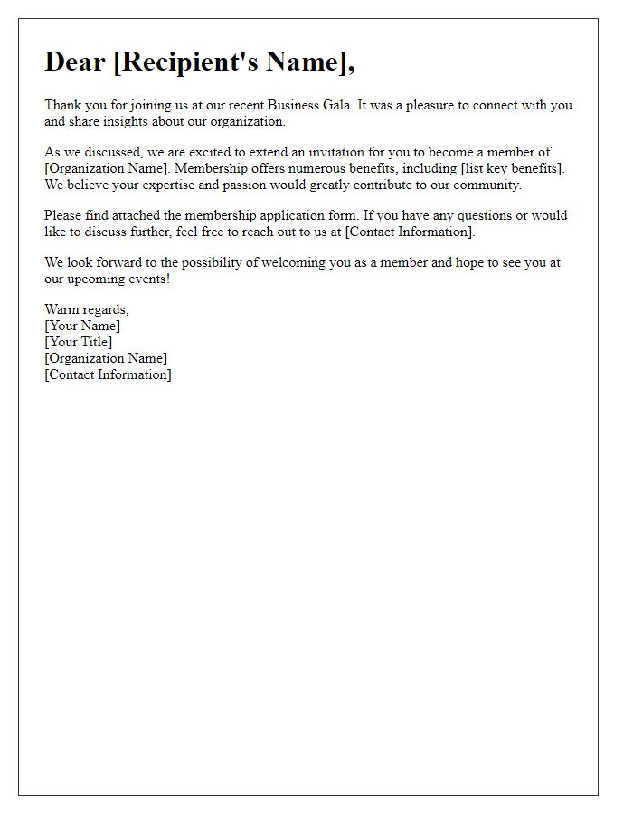 Letter template of business gala follow-up for membership invitations