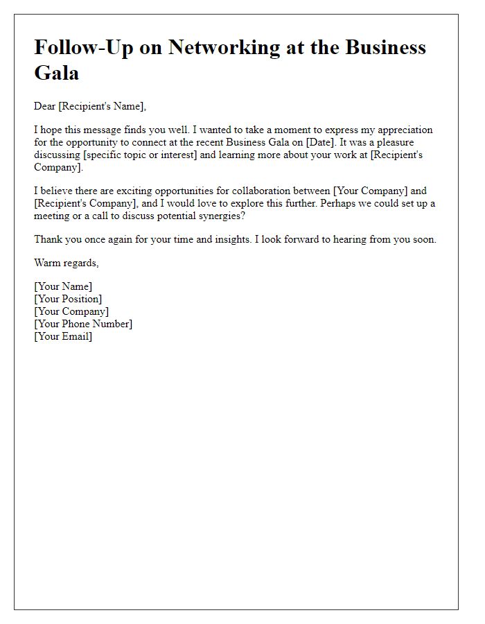 Letter template of business gala follow-up for networking opportunities