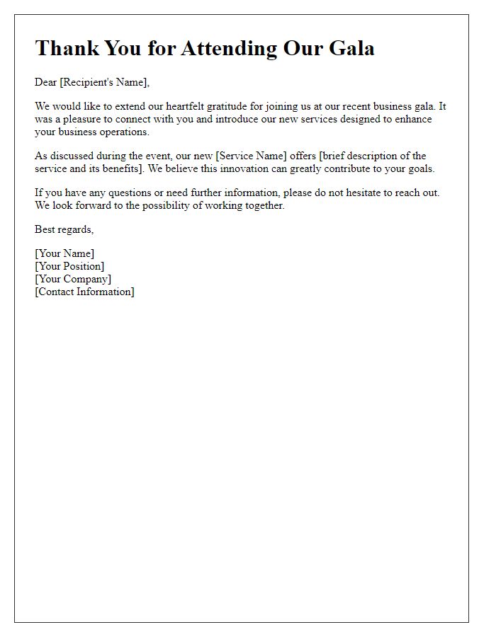 Letter template of business gala follow-up for new service introductions