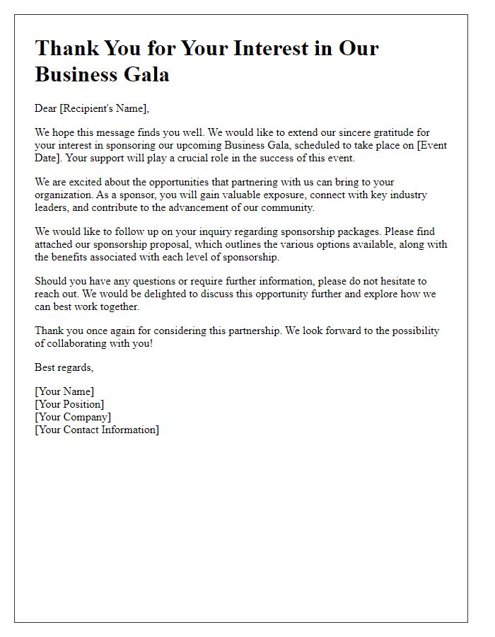 Letter template of business gala follow-up for sponsorship inquiries