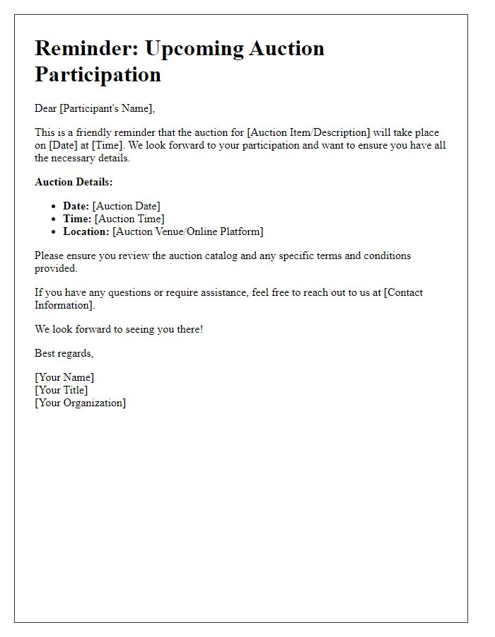 Letter template of auction participation reminder