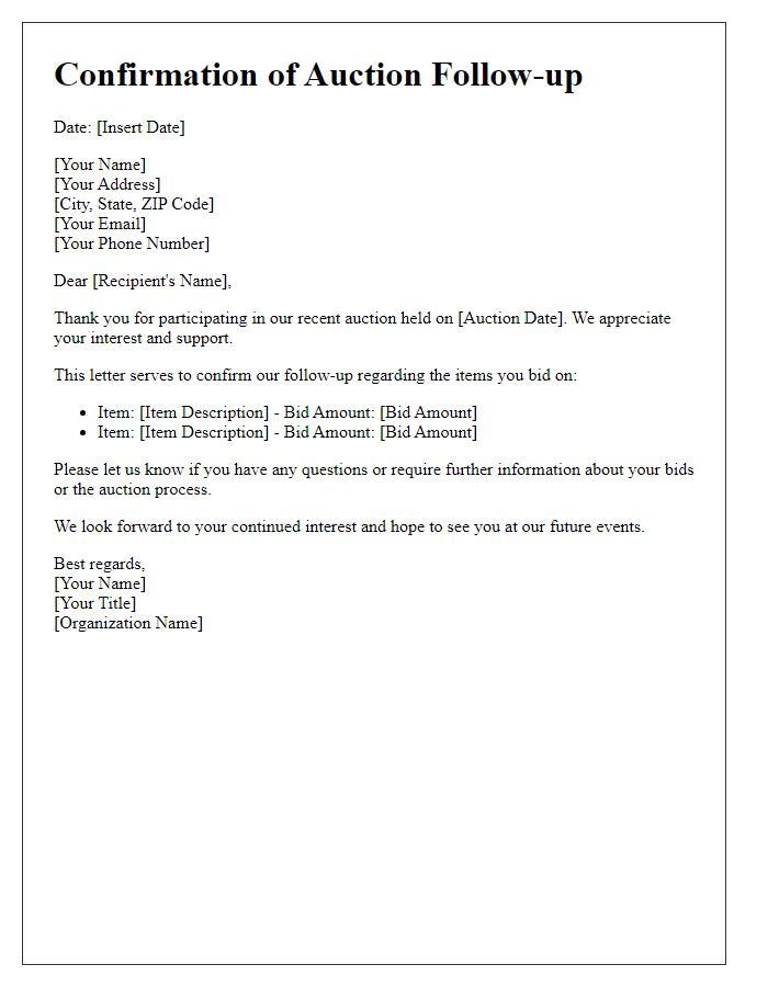 Letter template of confirmation for auction follow-up