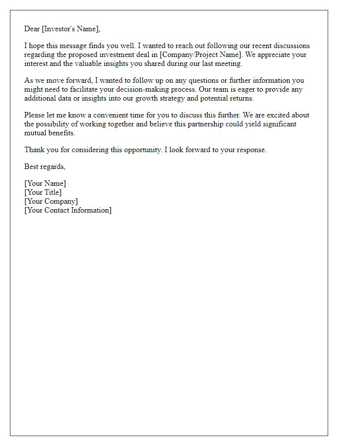 Letter template of follow-up regarding prospective investment deal