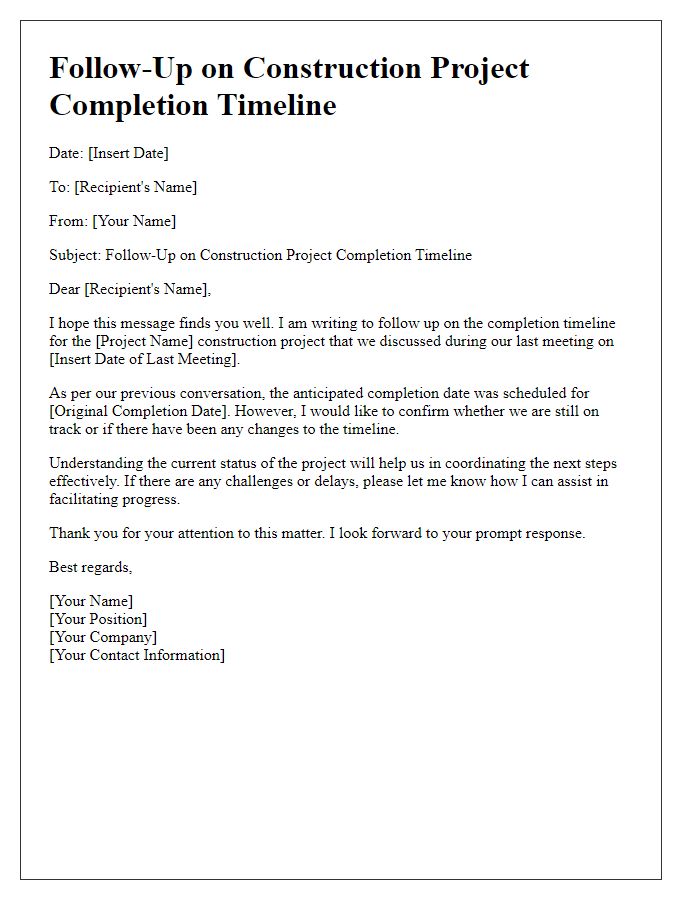 Letter template of construction project completion timeline follow-up