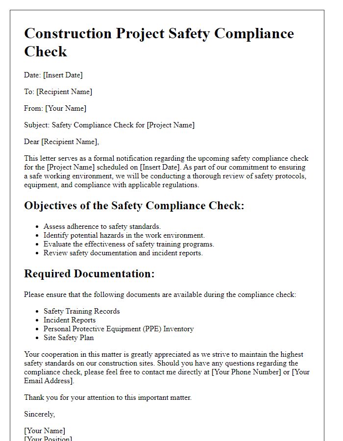 Letter template of construction project safety compliance check