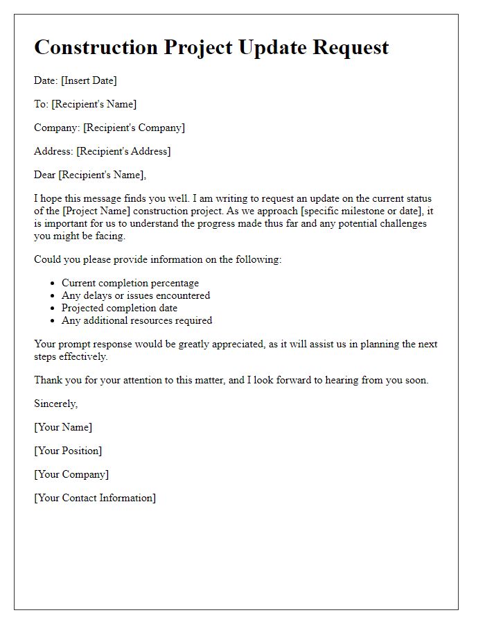 Letter template of construction project update request