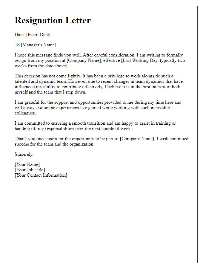 Letter template of resignation influenced by team dynamics.