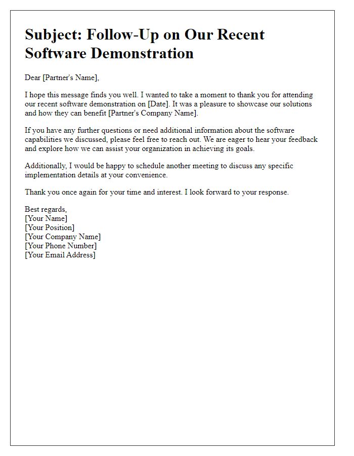 Letter template of follow-up software demonstration for industry partners