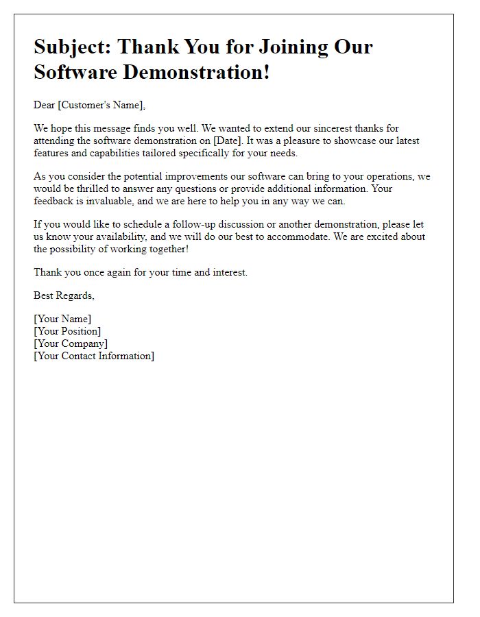 Letter template of follow-up software demonstration for previous customers